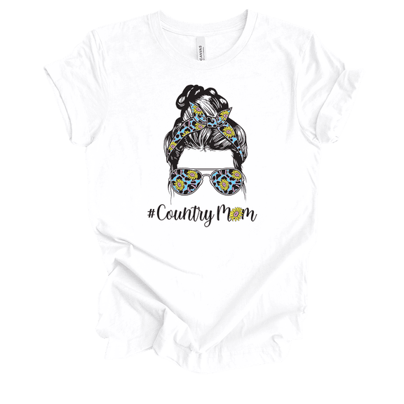 Hashtag Country Mom Cute Moden Sunflower Cheetah Print Mother's Day Short Sleeve Ladies Graphic T-Shirt-White-medium