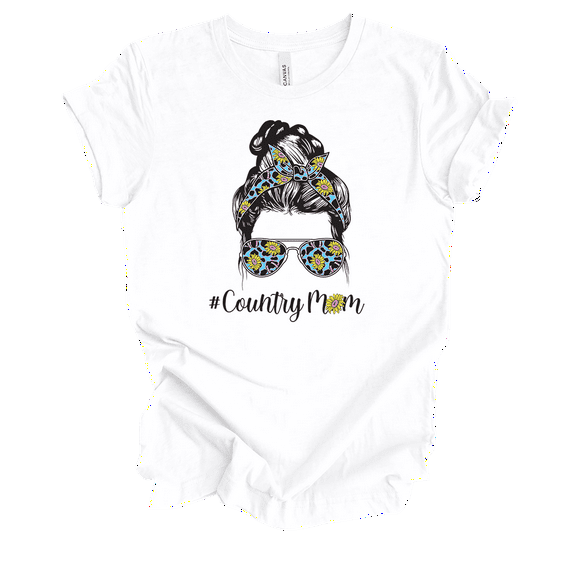 Hashtag Country Mom Cute Moden Sunflower Cheetah Print Mother's Day Short Sleeve Ladies Graphic T-Shirt-White-small