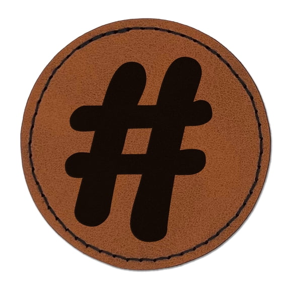 Hashtag Number Sign 2.5" Faux Leather Round Engraved Iron-On Patch - Brown