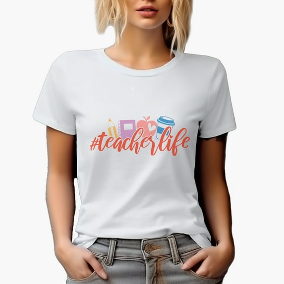 Hashtag Teacher Life Art Merch Gift, White T-Shirt, Medium