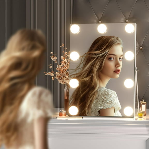 Hasipu 10" x 14" Hollywood Vanity Mirror with Lights - 9 Dimmable Bulbs, 3 Color Modes, Smart Touch Control, 360° Rotation, White Makeup Mirror