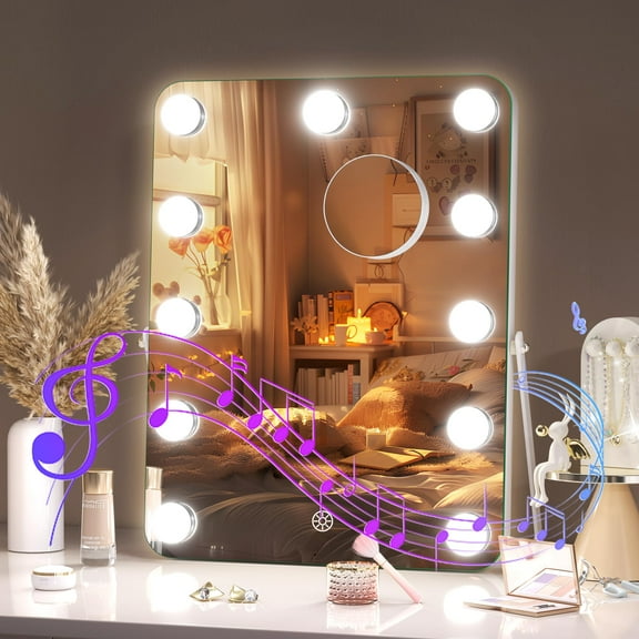 Hasipu 11" x 14" Hollywood LED Makeup Mirror with Bluetooth Speaker Rectangle White Frame Vanity Mirror with Lights 360°Rotation