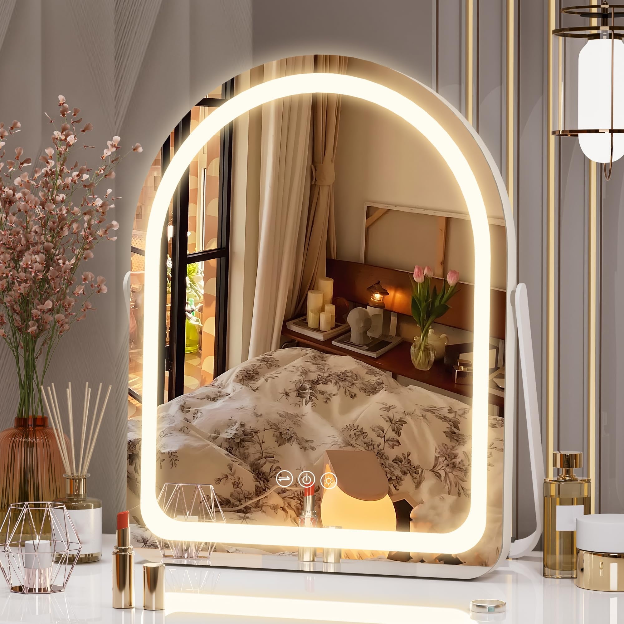 Hasipu 11"×14" Arched LED Makeup Mirror with Lights White Vanity Mirror 3 Light Modes for Bathroom & Dressing Table