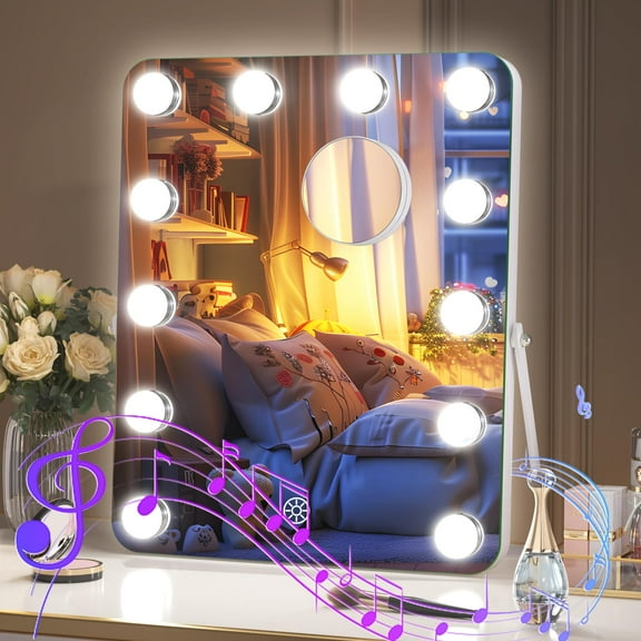Hasipu 12" x 14" Hollywood LED Makeup Mirror with Bluetooth Speaker Rectangle White Frame Vanity Mirror with Lights 360°Rotation
