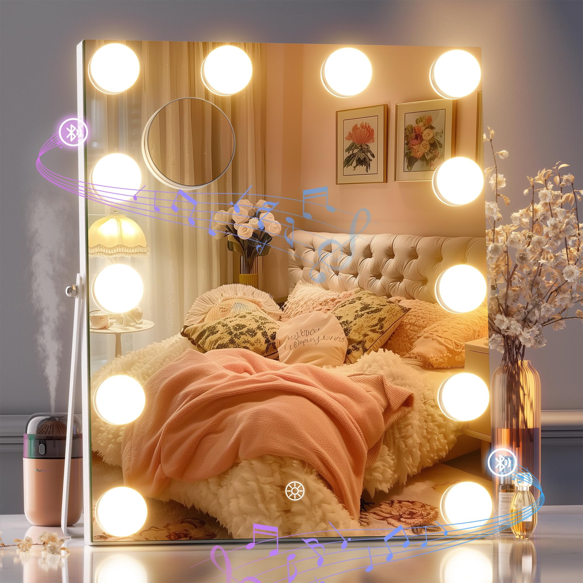 Specchio per il trucco LED Bluetooth Hollywood 58x48 cm, 3 modalità, luminosità regolabile