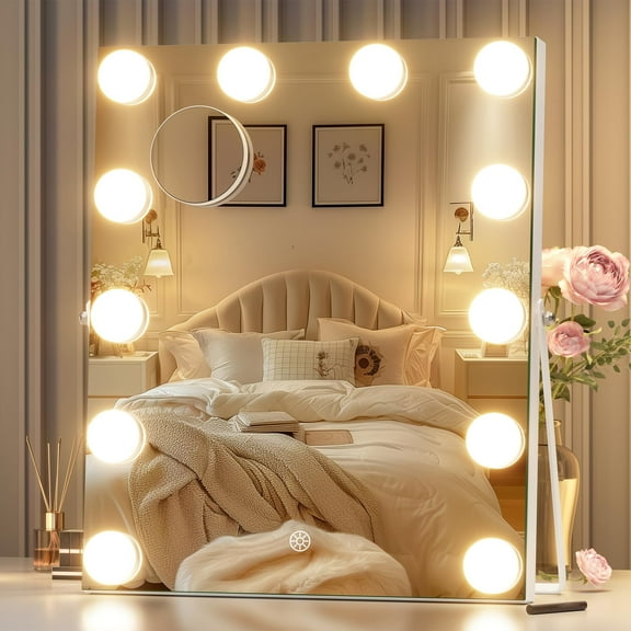 Hasipu 12" x 14" Hollywood Vanity Mirror with Lights White Makeup Mirror with 12 Dimmable Bulbs and 10X Magnification