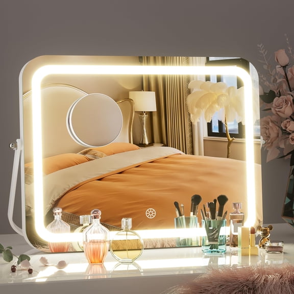 Hasipu 14" x 11" LED Vanity Mirror with 5X Magnifying Glass Rounded Rectangle White Makeup Mirror with Lights 360° Rotation
