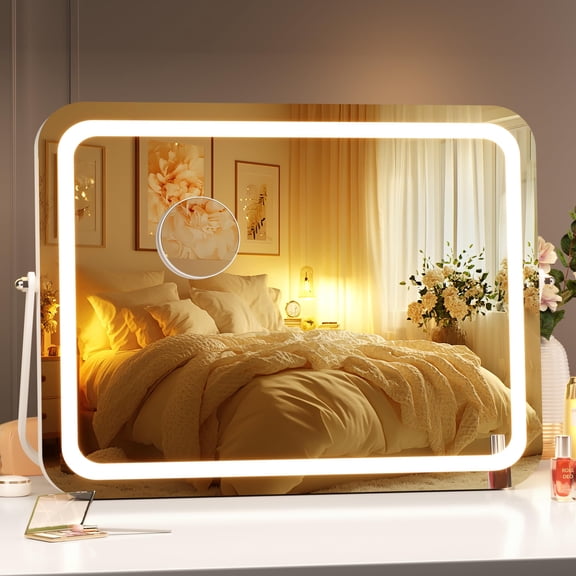 Hasipu 15" x 11" LED Vanity Mirror - White Rectangle Makeup Mirror with 3 Light Modes, Touch Control, Dimmable, 360 Rotation
