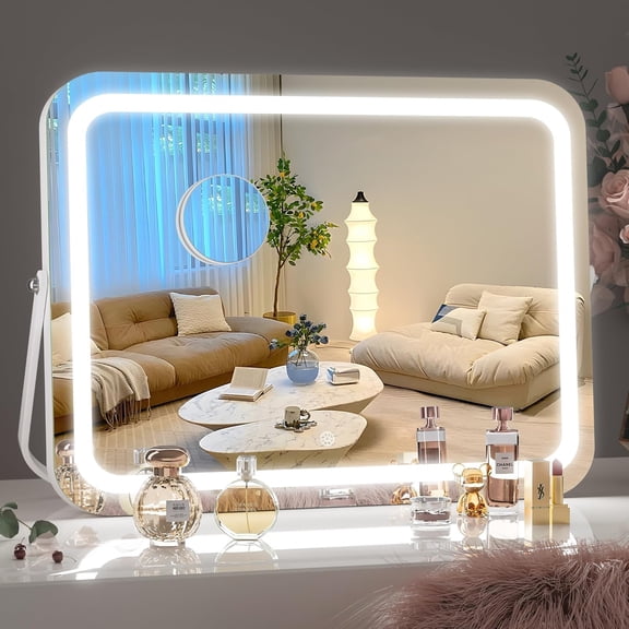 Hasipu 16" x 12" LED Vanity Mirror with 5X Magnifying Glass - White Rectangle Makeup Mirror with 3 Light Modes, Touch Control, Dimmable, 360 Rotation