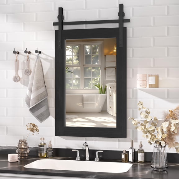 Hasipu 18"x26" Farmhouse Bathroom Mirror - Black Rustic Wood Framed Wall Mounted Mirror, Vintage Vanity Mirror with Barn Door Style for Bathroom Living Room Decor