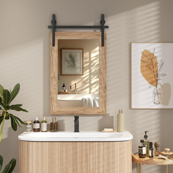 Hasipu 18"x26" Farmhouse Bathroom Mirror - Brown Rustic Wood Framed Wall Mounted Mirror, Vintage Vanity Mirror with Barn Door Style for Bathroom Living Room Decor