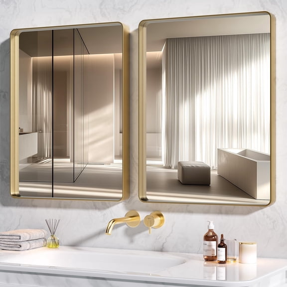 Hasipu 2 Pack 36" x 28" Gold Metal Framed Bathroom Mirror Tempered Glass, Anti-Rust, Horizontal or Vertical Over Sink Vanity Mirror