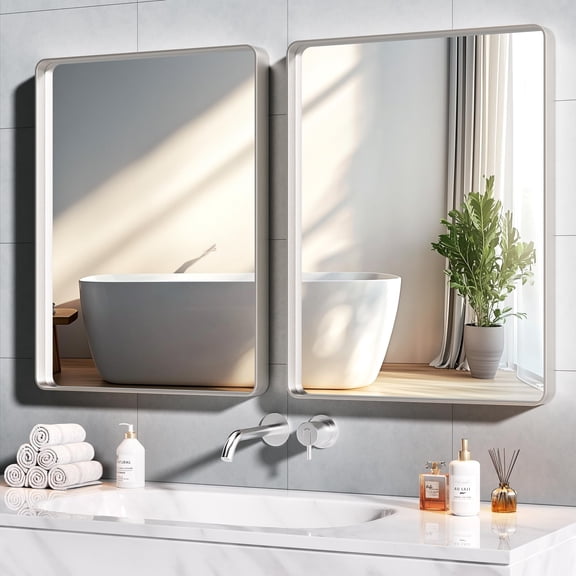 Hasipu 2 Pack 36" x 28" Silver Metal Framed Bathroom Mirror Tempered Glass, Anti-Rust, Horizontal or Vertical Over Sink Vanity Mirror