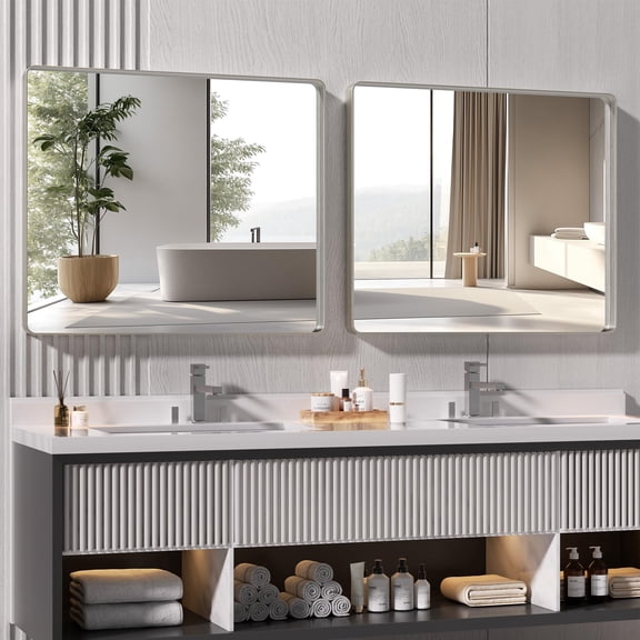 Hasipu 2 Pack 36" x 30" Silver Metal Framed Bathroom Mirror Tempered Glass, Anti-Rust, Horizontal or Vertical Over Sink Vanity Mirror