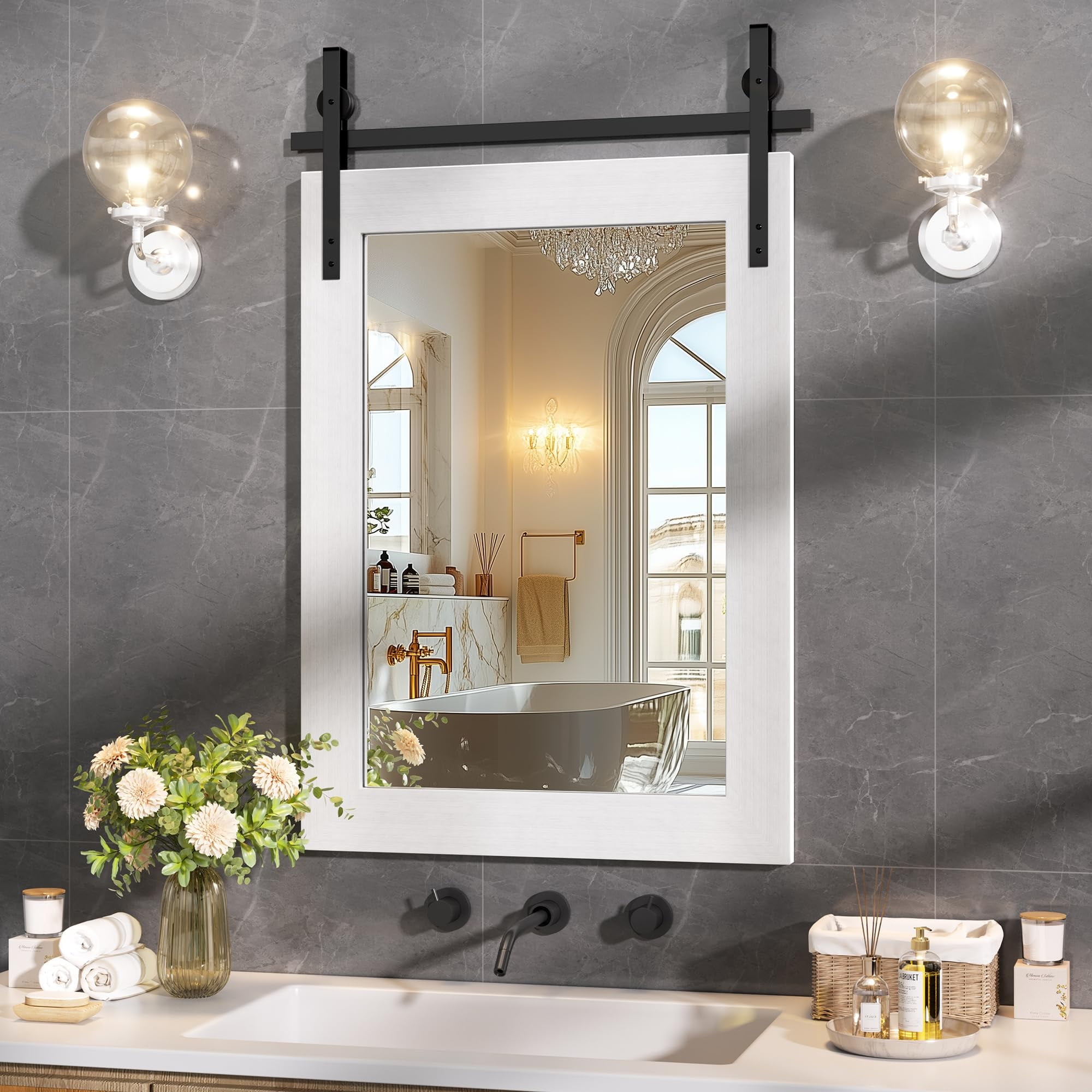 Hasipu 22"x30" Farmhouse Bathroom Mirror - White Rustic Wood Framed ...