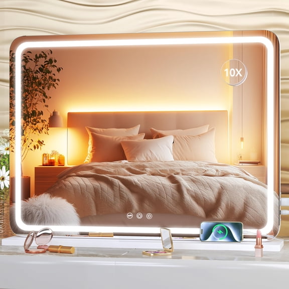 Hasipu 23" x 18" LED Vanity Mirror with Touch Screen Dimmable Lighted Makeup Mirror with 3 Lighting Modes, White Round Frame