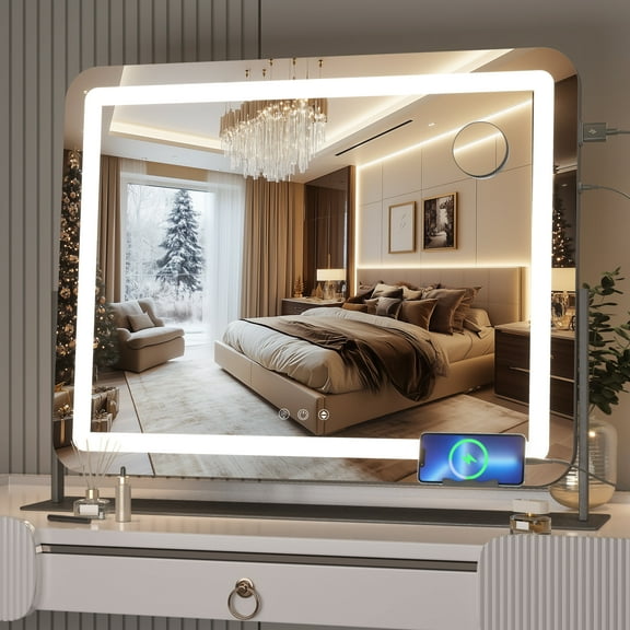 Hasipu 24.2"x18.9" LED Vanity Mirror with 10X Magnification & Smart Touch, 3-Color Dimmable Lights, 360° Rotation - Lighted Makeup Mirror Includes USB Charging Port & Phone Holder (Black)
