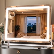 Hasipu 24.2"x18.9" LED Vanity Mirror with 10X Magnification & Smart Touch, 3-Color Dimmable Lights, 360  Rotation - Lighted Makeup Mirror Includes USB Charging Port & Phone Holder White