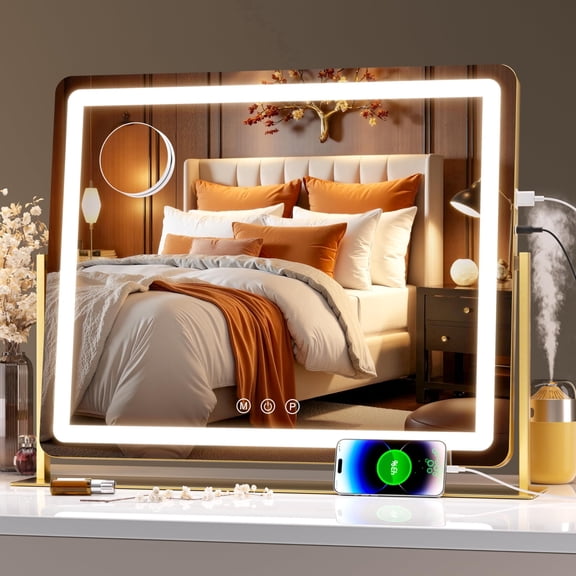 Hasipu 24" x 18" LED Vanity Mirror with 5X Magnification & Smart Touch, 3-Color Dimmable Lights, 360° Rotation - Lighted Makeup Mirror Includes USB Charging Port & Phone Holder (Gold)