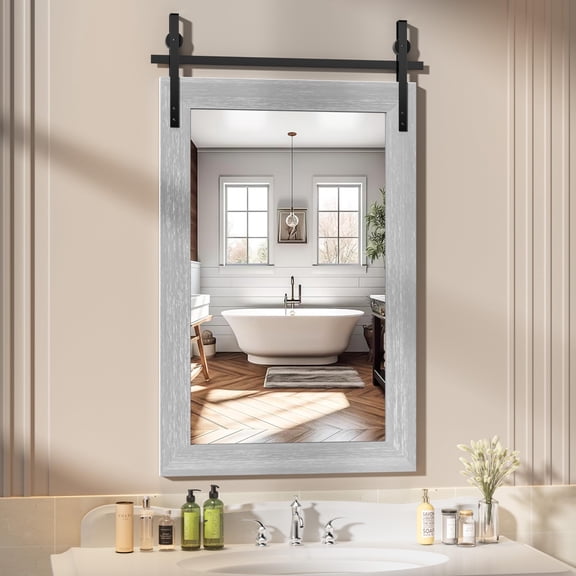 Hasipu 24"x36" Farmhouse Bathroom Mirror - Gray Rustic Wood Framed Wall Mounted Mirror, Vintage Vanity Mirror with Barn Door Style for Bathroom Living Room Decor