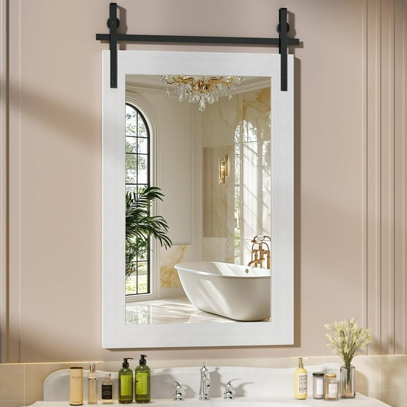 Hasipu 24"x36" Farmhouse Bathroom Mirror - White Rustic Wood Framed Wall Mounted Mirror, Vintage Vanity Mirror with Barn Door Style for Bathroom Living Room Decor