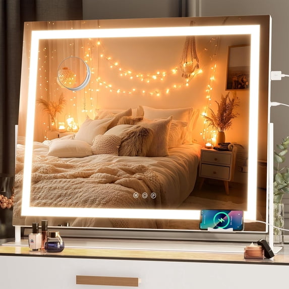 Hasipu 25.6"x21.3" LED Vanity Mirror with Lights, 10X Magnification Makeup Mirror, Touch Control 3 Color Dimmable Lighting, 360° Rotation, Includes Phone Holder & USB Port, White