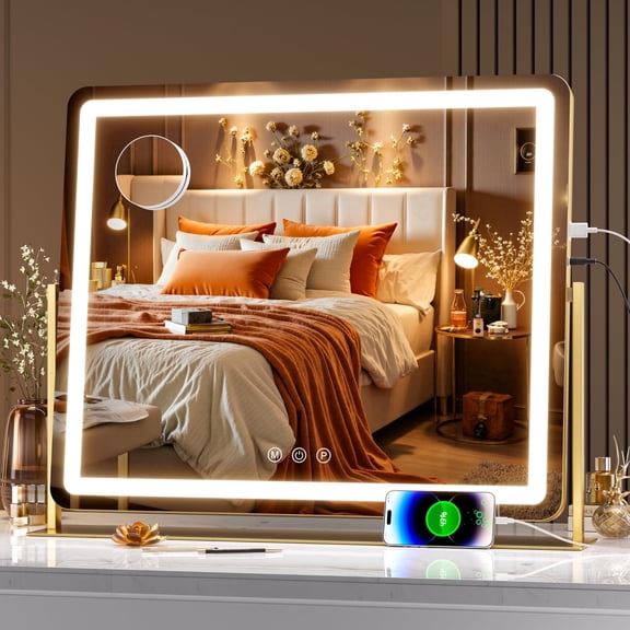 Hasipu 25" x 21" Extra Large LED Vanity Mirror with Lights, 10X Magnification Makeup Mirror, Touch Control 3 Color Dimmable Lighting, 360° Rotation, Includes Phone Holder & USB Port, Gold