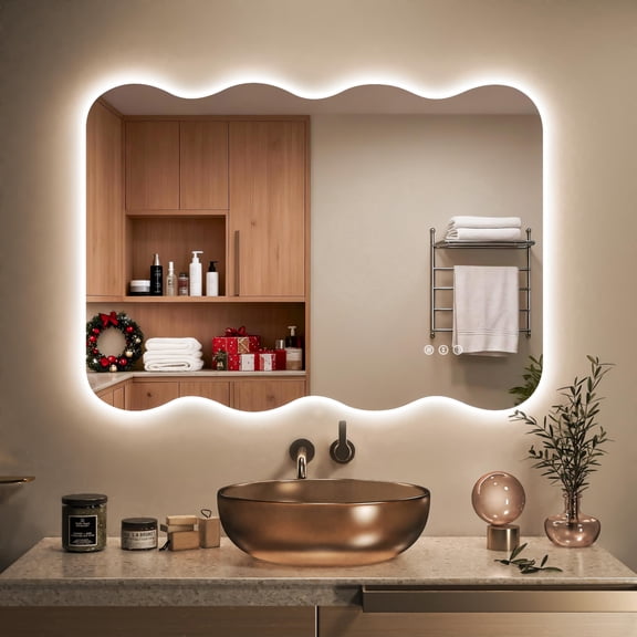 Hasipu 28" x 20" Anti-Fog LED Irregular Bathroom Mirror - Wall Mounted Wavy Shape Vanity Mirror with Dimmable Lights, 3 Color Modes & Memory Function, Touch Control