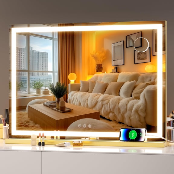 Hasipu 28" x 20" LED Vanity Mirror with Touch Screen Dimmable Lighted Makeup Mirror with 3 Lighting Modes, Gold Square Frame