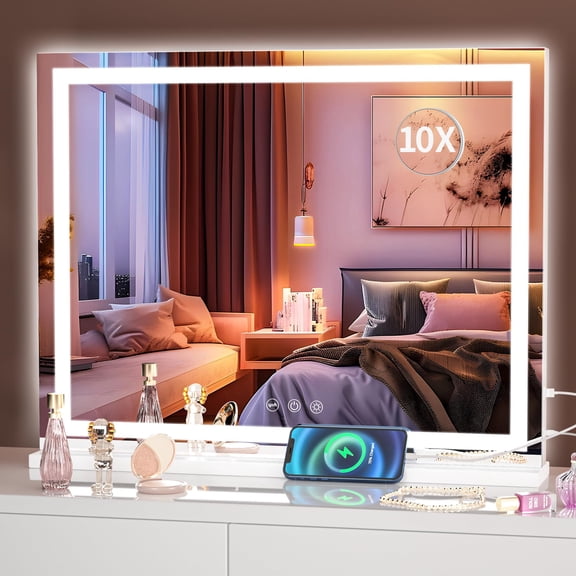 Hasipu 28" x 20" LED Vanity Mirror with Touch Screen Dimmable Lighted Makeup Mirror with 3 Lighting Modes, White Square Frame