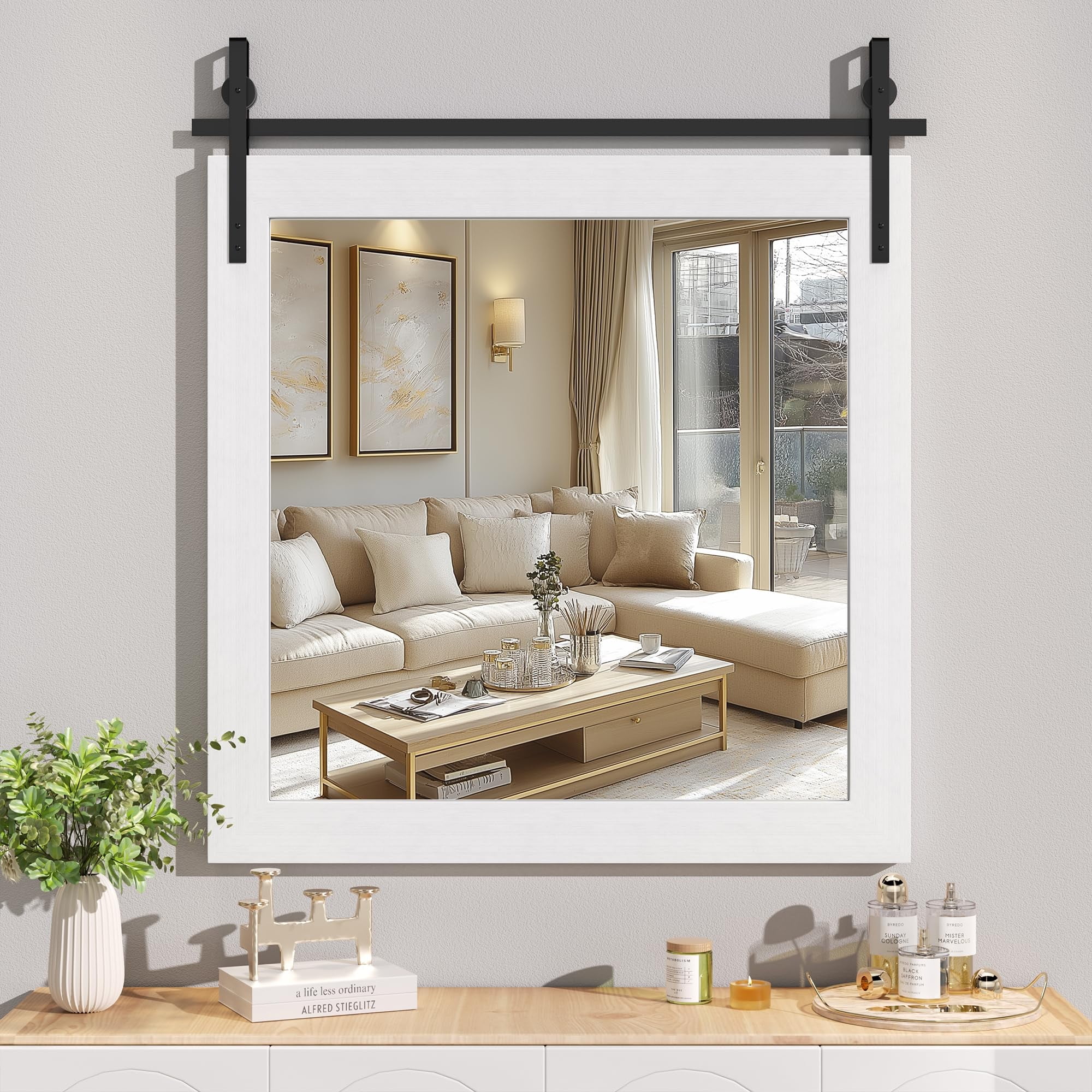 Hasipu, Farmhouse Bathroom Mirror, 31"x31", Rustic White Wood Frame ...