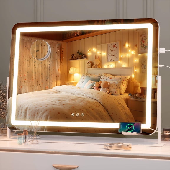 Hasipu 32"x 20" LED Vanity Mirror Square Gold Lighted Makeup Mirror with Dimmable 3 Modes, Touch Screen Control
