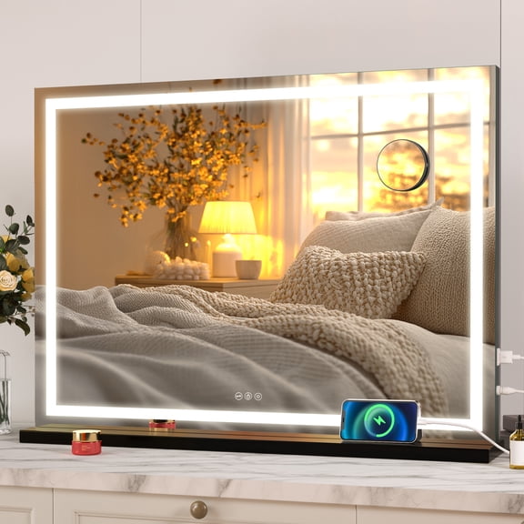 Hasipu 32"x22" LED Vanity Mirror with 10X Magnification - Dimmable Touch Screen Makeup Mirror with 3 Light Modes, Square Black Lighted Mirror