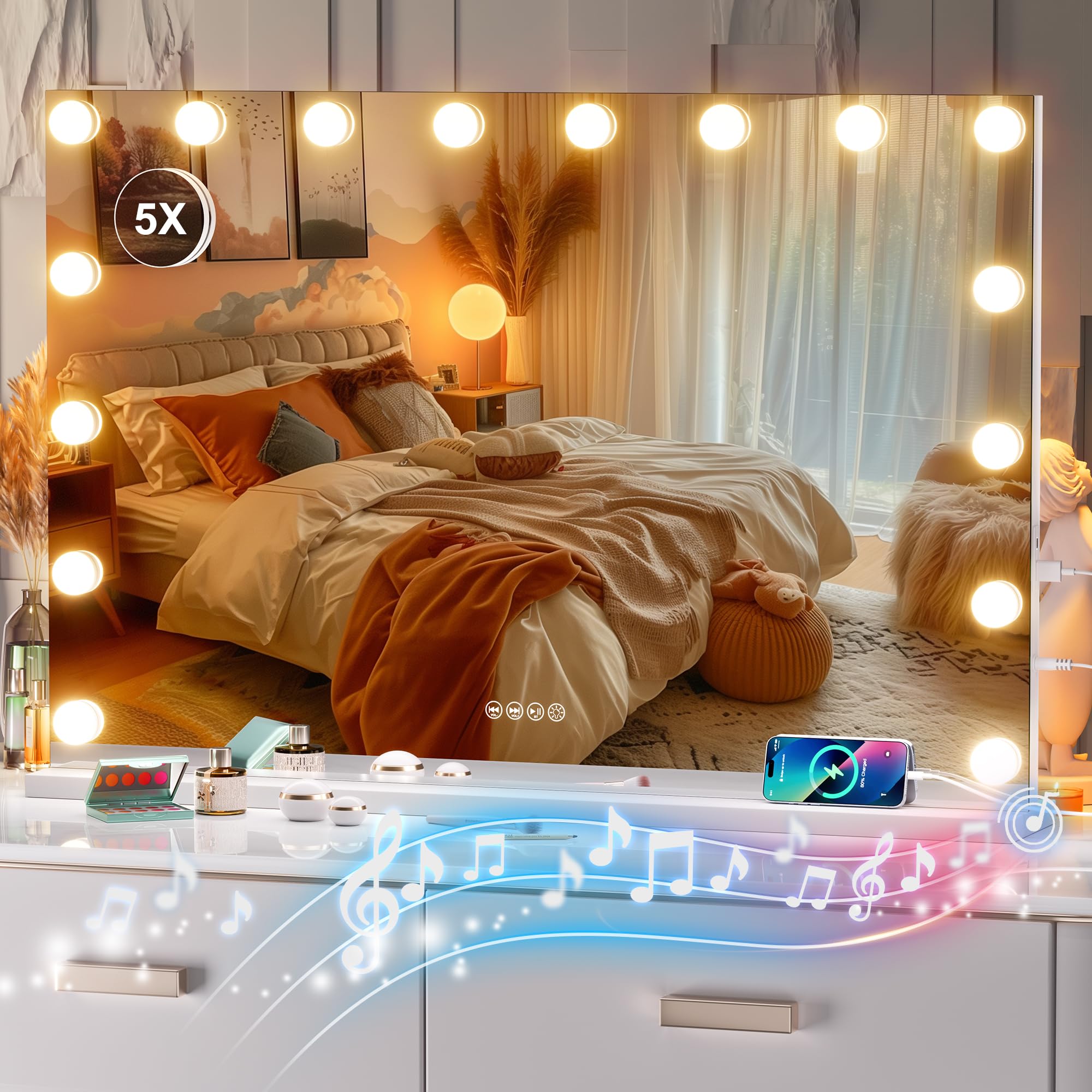 Hasipu Specchio Da Trucco Hollywood Con Altoparlante Bluetooth E Luci LED - 24,9x35,1 Cm, 3 Temperature Colore Dimmerabili, Rotazione 360°, Bianco