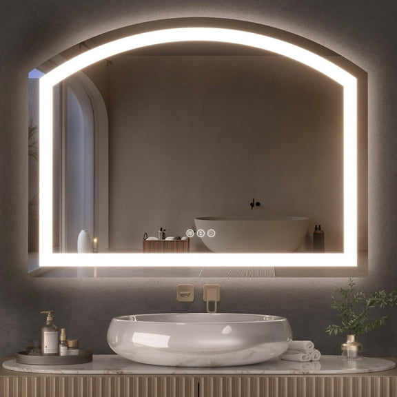 Hasipu 36"x28" LED Bathroom Mirror - Fan-Shaped Vanity Mirror with Touch Sensor, Anti-Fog, Dimmable Light & 3 Color Temperatures, Metal Frame
