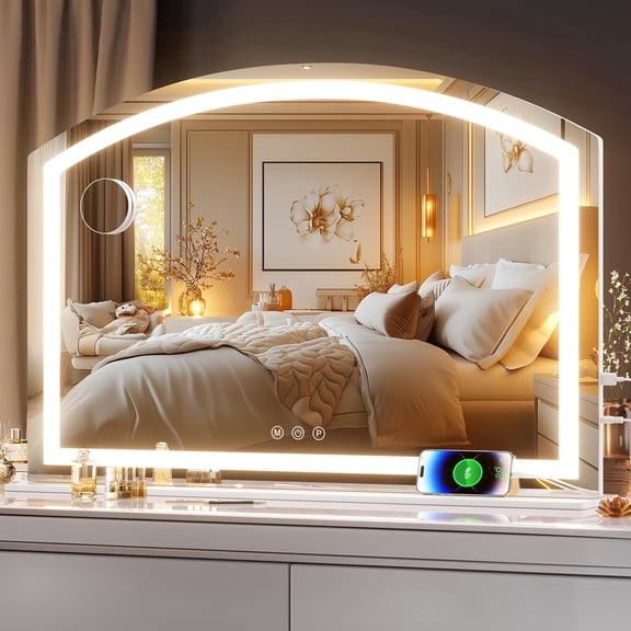 Hasipu 38" x 26" Arched LED Vanity Mirror with Light Desk Makeup Mirror with 10X Magnification, 3 Dimmable Color Modes, USB Charging Port