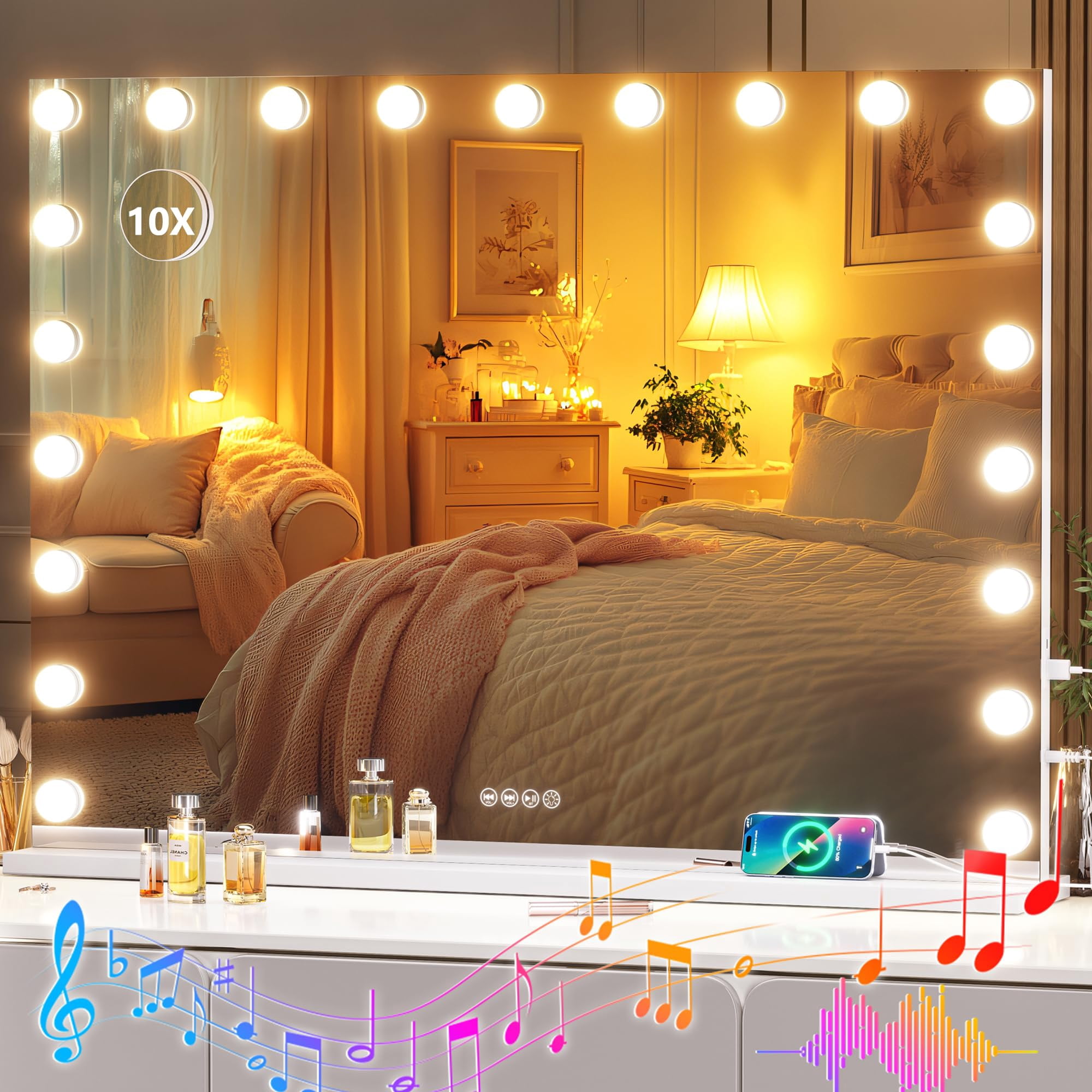 Hasipu 40" x 29" Hollywood Vanity Mirror with LED Lights & Bluetooth Speaker - Makeup Mirror with 21 Dimmable Bulbs, 3 Color Modes, 5X Magnifying Mirror, Touch Control, USB/Type-C, Tempered Glass