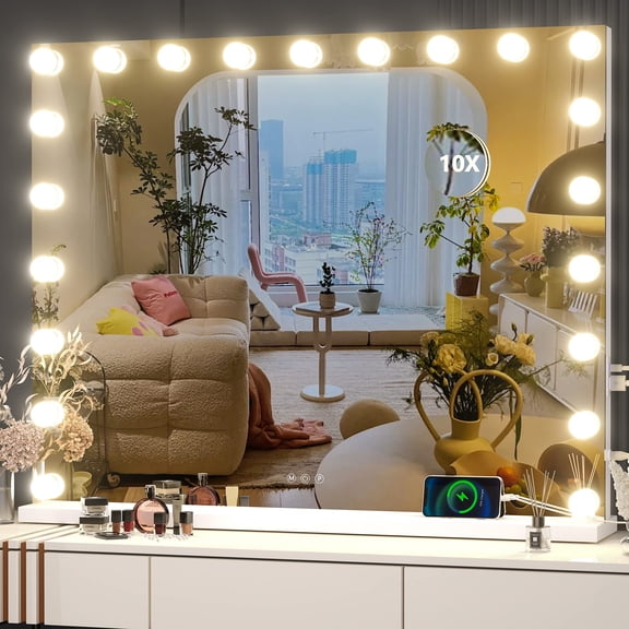 Hasipu 40" x 29" Hollywood Vanity Mirror with Lights - 21 Dimmable Bulbs, 10X Magnification, 3 Color Modes, Touch Control & USB/Type-C Charging Ports, Square White