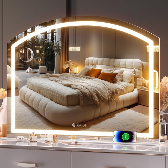 Hasipu 40" x 30" Arched LED Vanity Mirror with Light Desk Makeup Mirror with 10X Magnification, 3 Dimmable Color Modes, USB Charging Port