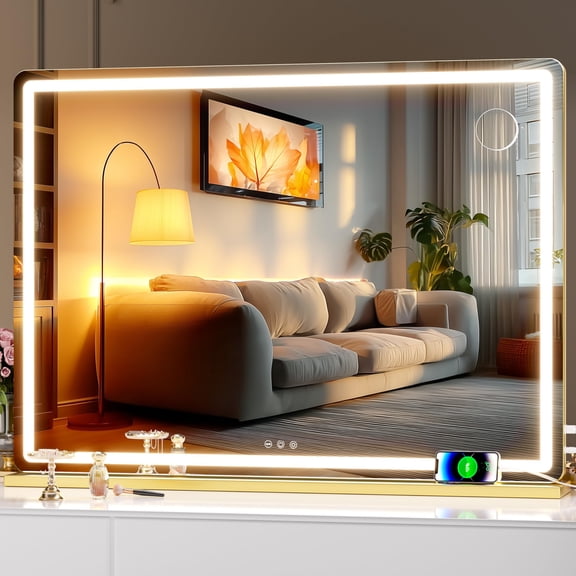Hasipu 40" x 30" LED Vanity Mirror with Touch Screen Control Lighted Makeup Mirror with Dimmable 3 Modes Round Gold Frame