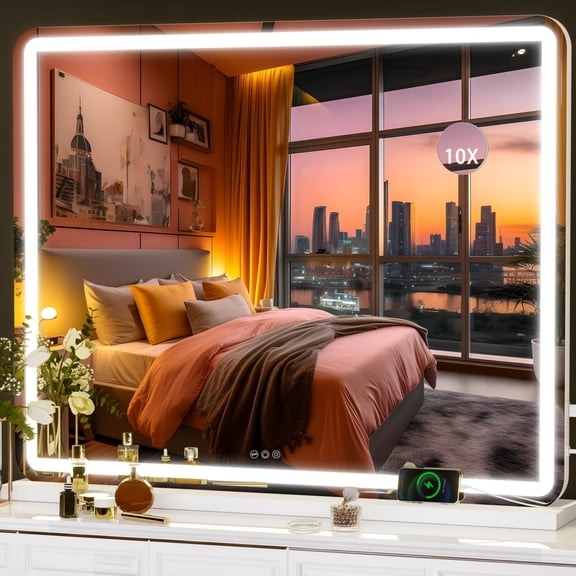 Hasipu 40" x 30" LED Vanity Mirror with Touch Screen Control Lighted Makeup Mirror with Dimmable 3 Modes Round White Frame