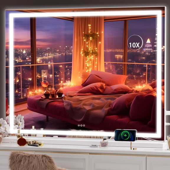 Hasipu 40" x 30" LED Vanity Mirror with Touch Screen Control Lighted Makeup Mirror with Dimmable 3 Modes Square White Frame