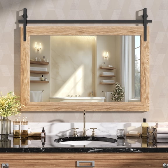 Hasipu 40"x26" Farmhouse Bathroom Mirror - Brown Rustic Wood Framed Wall Mounted Mirror, Vintage Vanity Mirror with Barn Door Style for Bathroom Living Room Decor