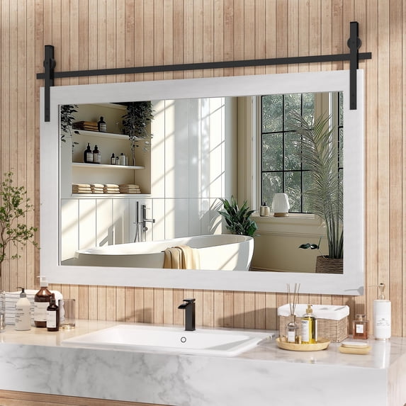 Hasipu 40"x26" Farmhouse Bathroom Mirror - White Rustic Wood Framed Wall Mounted Mirror, Vintage Vanity Mirror with Barn Door Style for Bathroom Living Room Decor