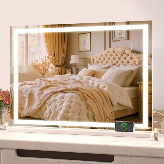 Hasipu 40"x30" Vanity Mirror with Lights with 10X Magnification LED Makeup Mirror Tabletop or Wall Mount, White