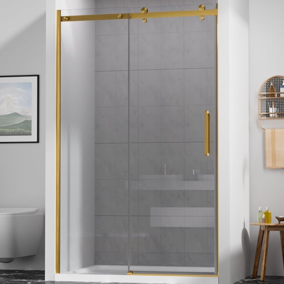 Hasipu 44-48" W x 76" H Shower Door, Frameless Single Sliding Shower Door with 5/16" (8mm) Crystal Clear Tempered Glass Door Bathroom Enclosure Brushed Gold