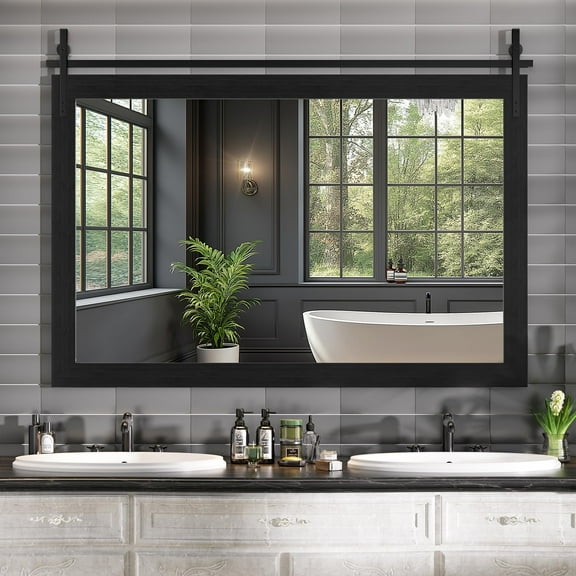 Hasipu 55"x36" Farmhouse Bathroom Mirror - Black Rustic Wood Framed Wall Mounted Mirror, Vintage Vanity Mirror with Barn Door Style for Bathroom Living Room Decor