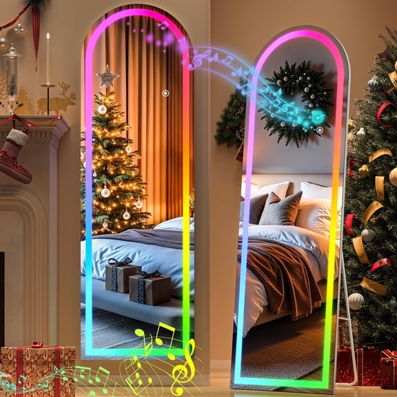 Hasipu 56" x 16" Arch LED Full Length Mirror with Bluetooth & RGB Lighting Floor Standing Mirror with 7 Color Modes, White Frame for Bedroom, Living Room