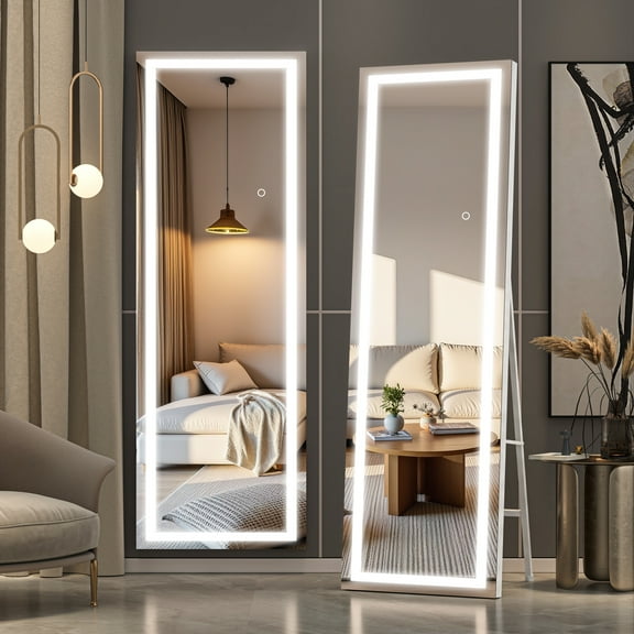 Hasipu 58" x 18" Rectangle LED Full Length Mirror Dimmable Standing/Wall Mounted Mirror with Lights for Bedroom, Bathroom & Gym, White