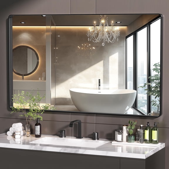 Hasipu 60" x 36" Black Framed Bathroom Mirror for Wall Large Rectangle Vanity Mirror Over Sink, Anti-Rust Metal Frame, Tempered Glass, Horizontal or Vertical Mount